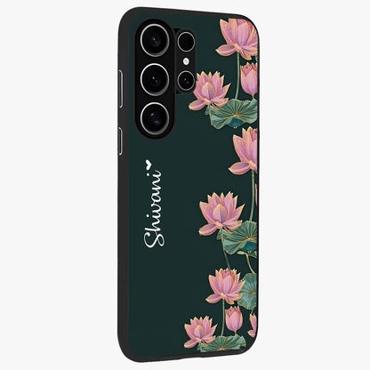 Lotus Bloom Serenity Custom Name Glass Case upright view showcasing serene lotus bloom artwork with personalized floral aesthetic.