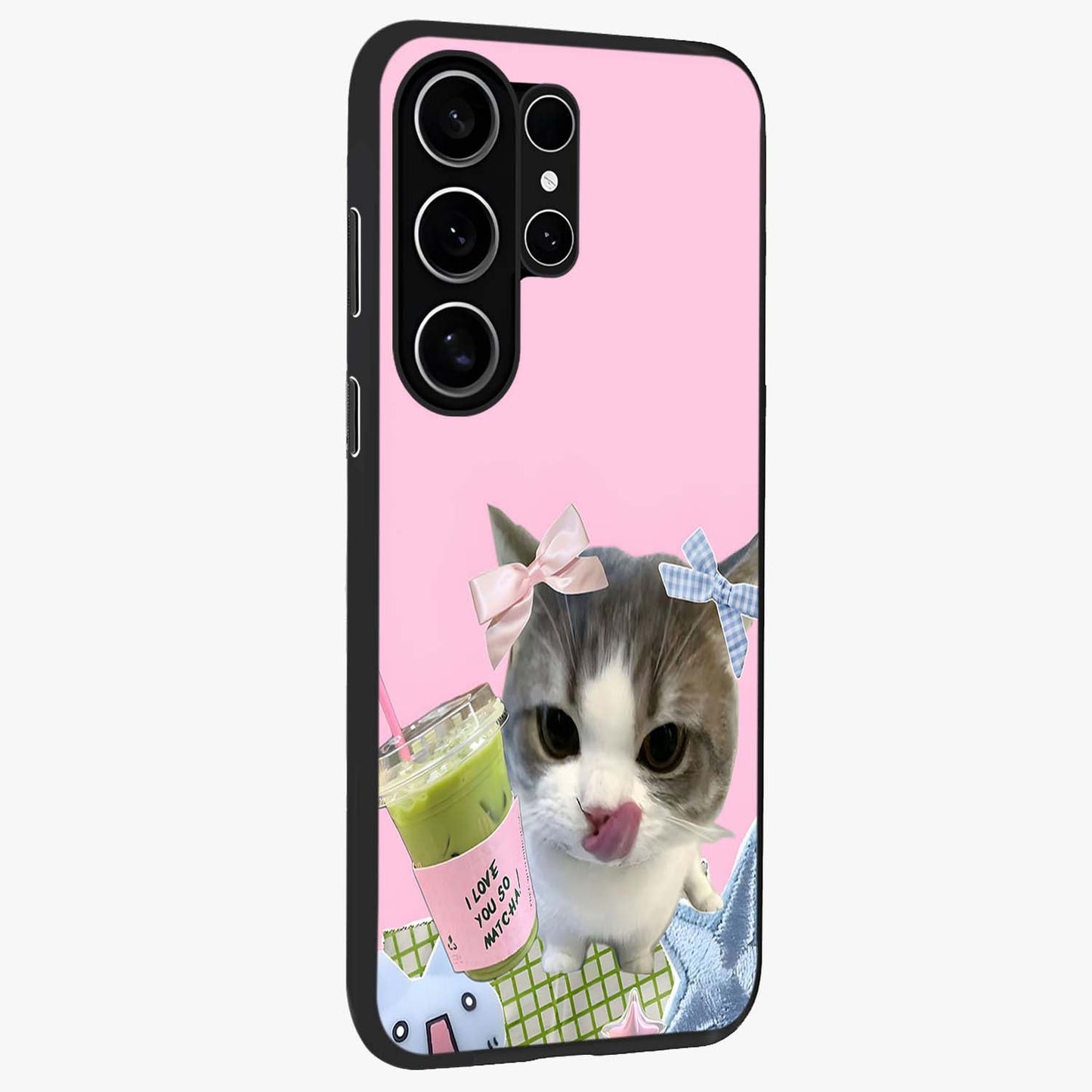 Love Matcha Cat Glass Case upright view showcasing adorable cat artwork with charming matcha themed design.