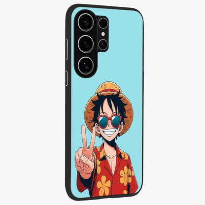 Luffy Summer Anime Vibe Glass Case upright view showcasing dynamic anime artwork with bright adventurous theme.