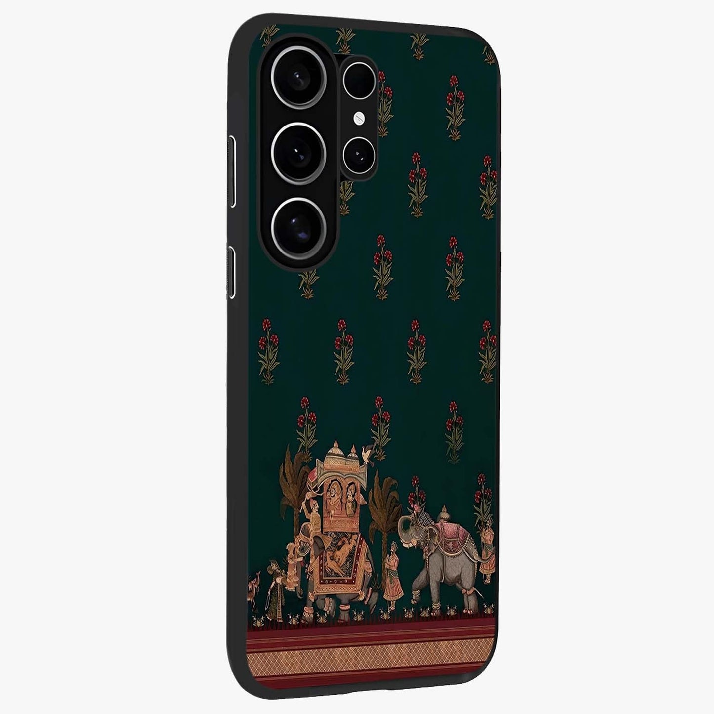 Macmerise Glass Case upright view showcasing bold artistic artwork with contemporary design theme.