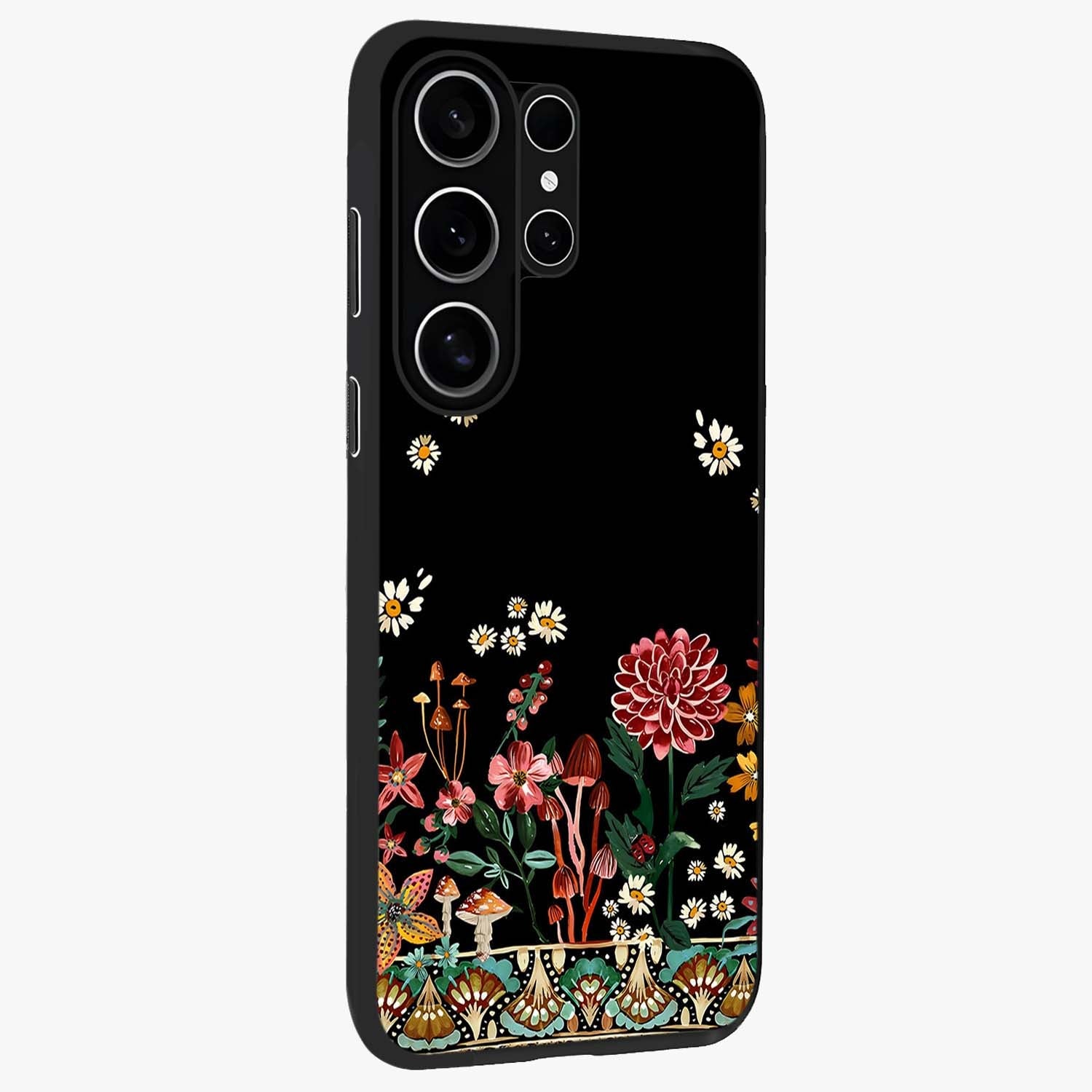 Midnight Bloom Pattern Glass Case upright view showcasing decorative floral artwork with deep night themed palette.