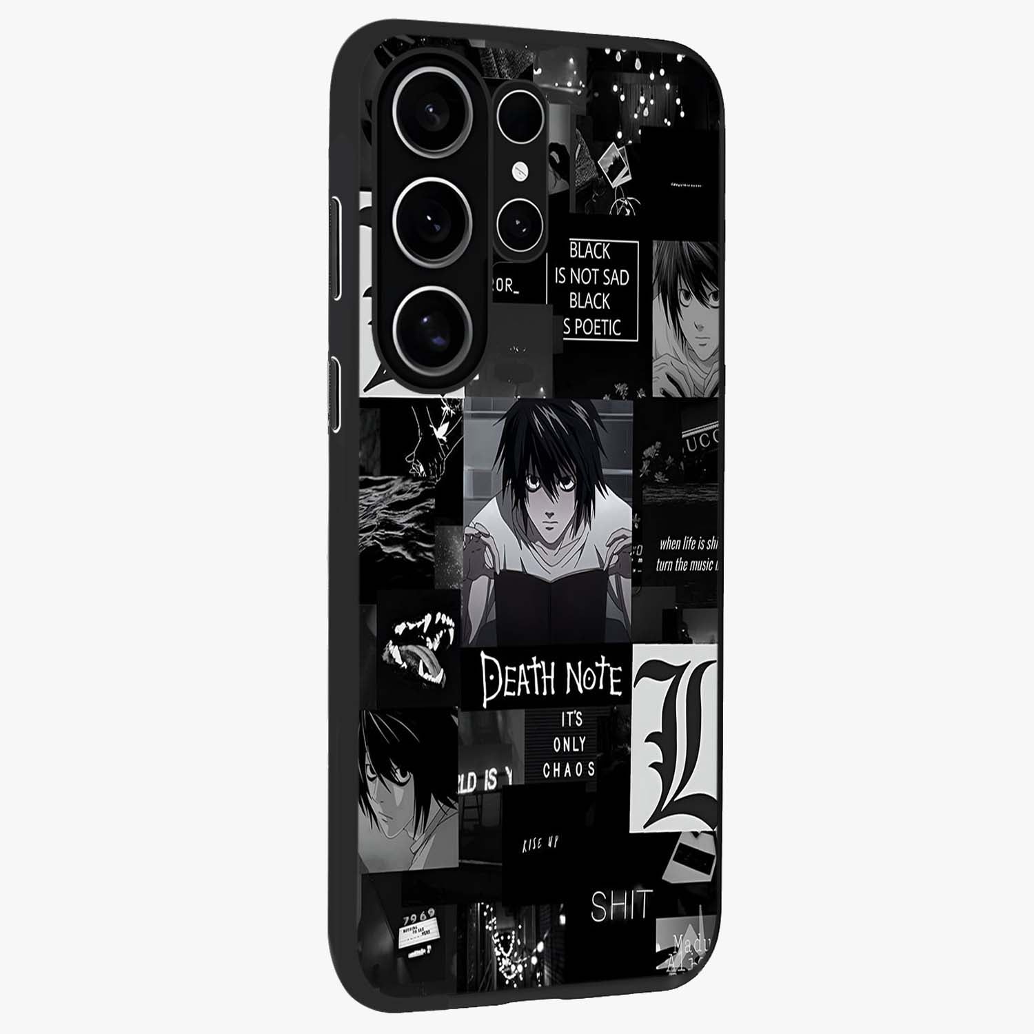 Midnight Chaos Mind Glass Case upright view showcasing expressive abstract artwork with bold dark theme.