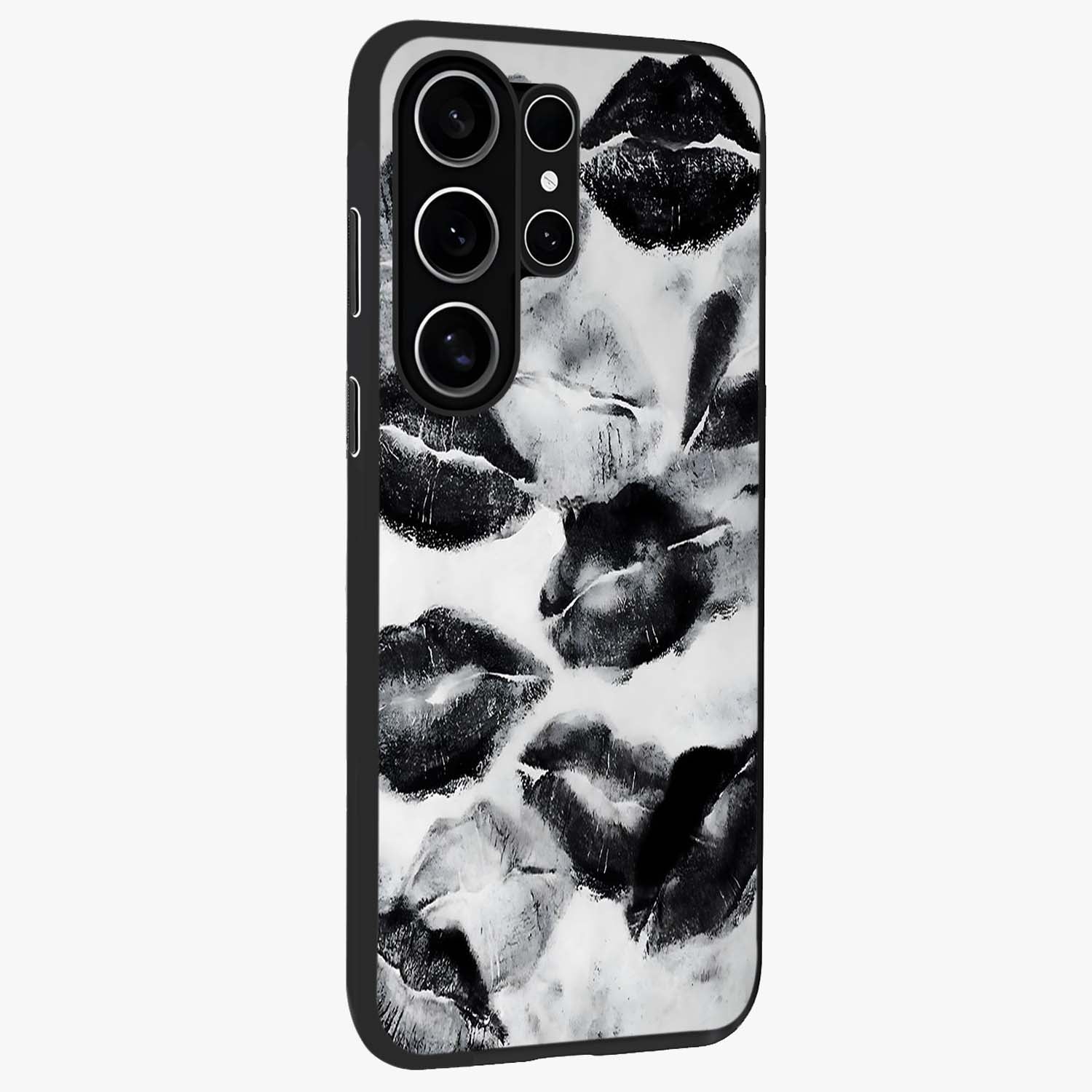 Midnight Kiss Marks Glass Case upright view showcasing stylish kiss mark artwork with trendy romantic theme.