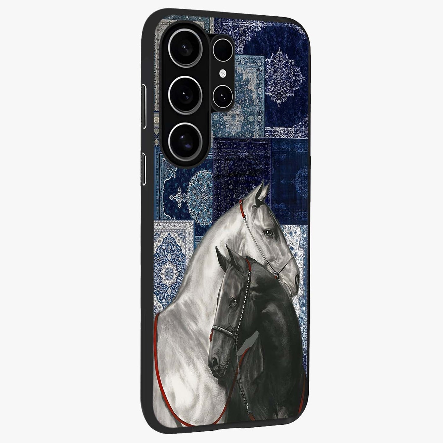 Midnight Stallion Blues Glass Case upright view showcasing dramatic horse artwork with bold artistic theme.