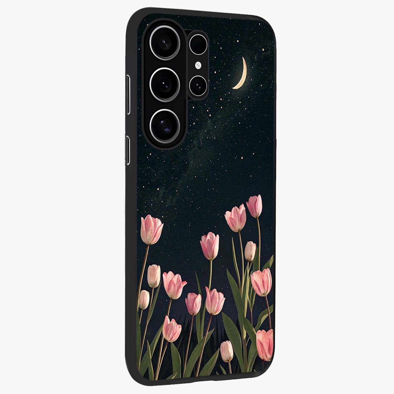 Midnight Tulip Whispers Vibe Glass Case upright view showcasing graceful tulip artwork with calm botanical theme.