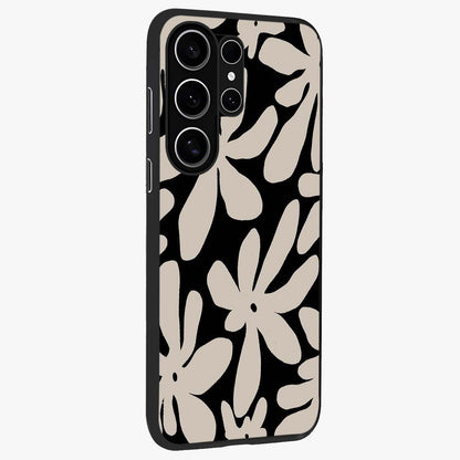 Monochrome Petal Dance Glass Case upright view showcasing artistic floral pattern with stylish monochrome theme.