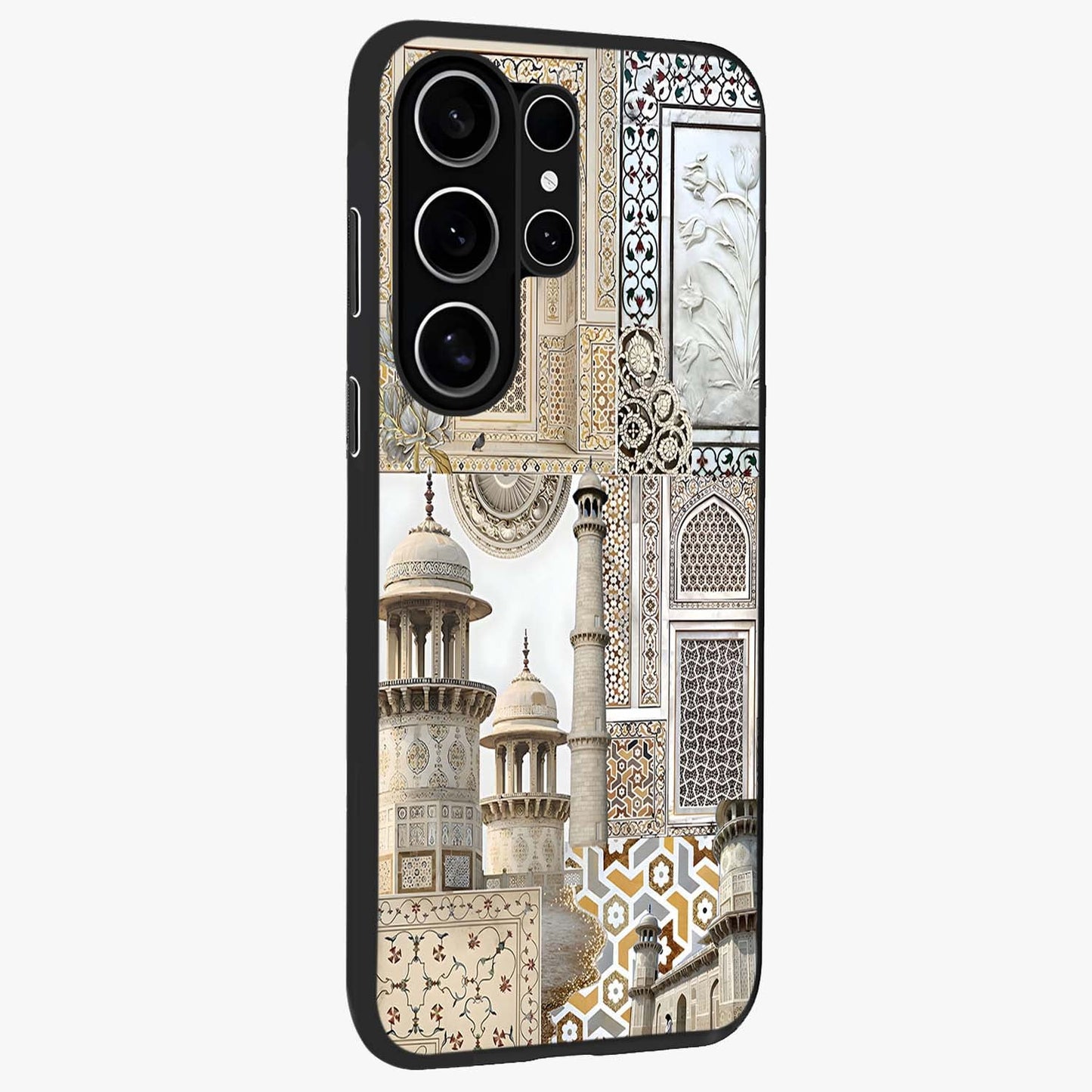 Mughal Marble Legacy Glass Case upright view showcasing ornate Mughal design with luxurious traditional theme.