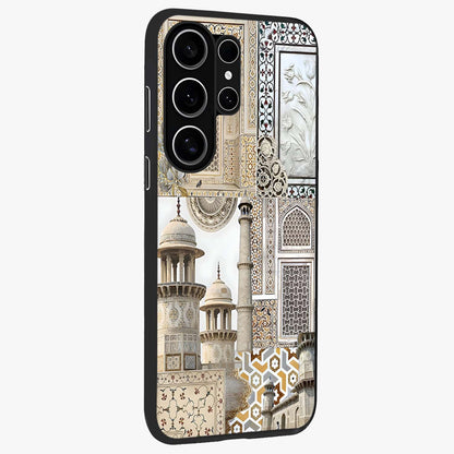 Mughal Marble Legacy Glass Case upright view showcasing ornate Mughal design with luxurious traditional theme.