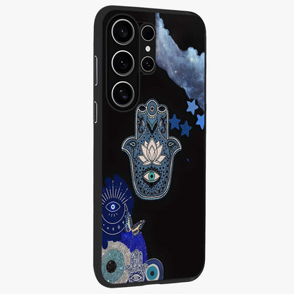 Mystic Hand Aura Glass Case upright view showcasing symbolic hand artwork with mystical energy theme.