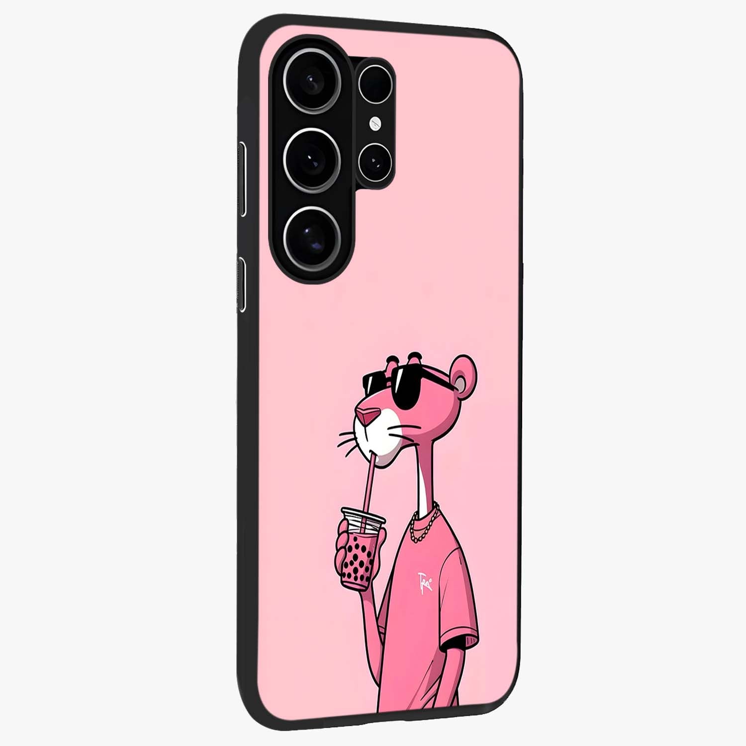 Pink Panther Glass Case upright view showcasing fun animated artwork with stylish retro cartoon theme.