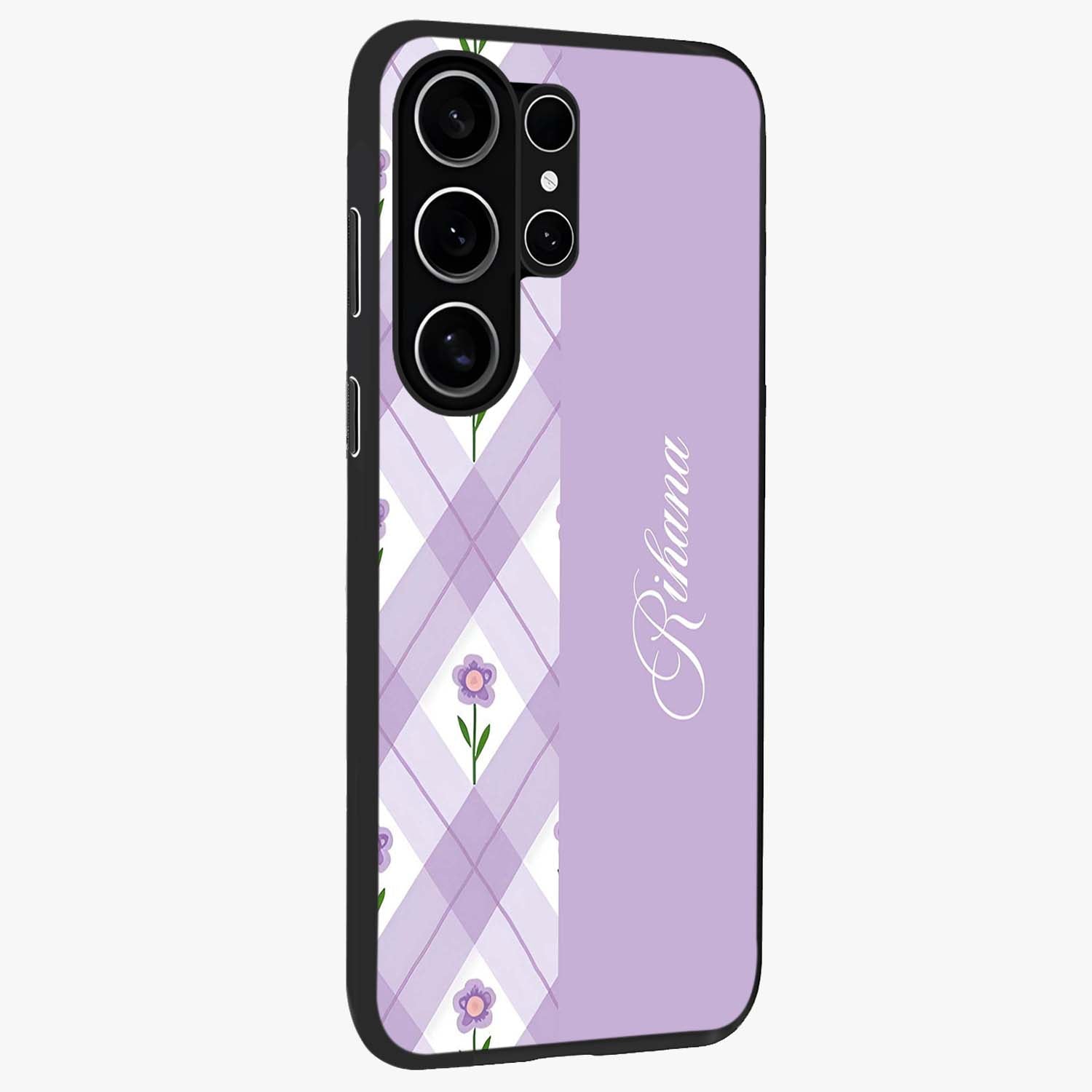 Purple Diamond Floral Glass Case upright view showcasing vibrant floral artwork with stylish geometric theme.