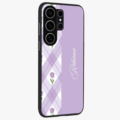 Purple Diamond Floral Glass Case upright view showcasing vibrant floral artwork with stylish geometric theme.