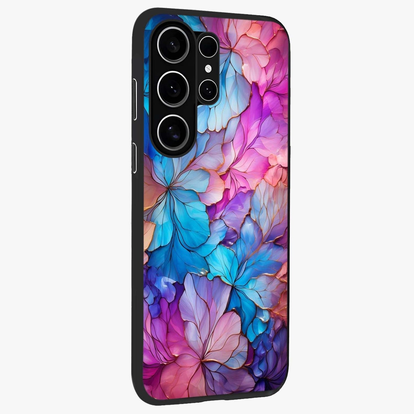 Radiant Floral Whirl Glass Case upright view showcasing lively floral artwork with decorative swirl theme.