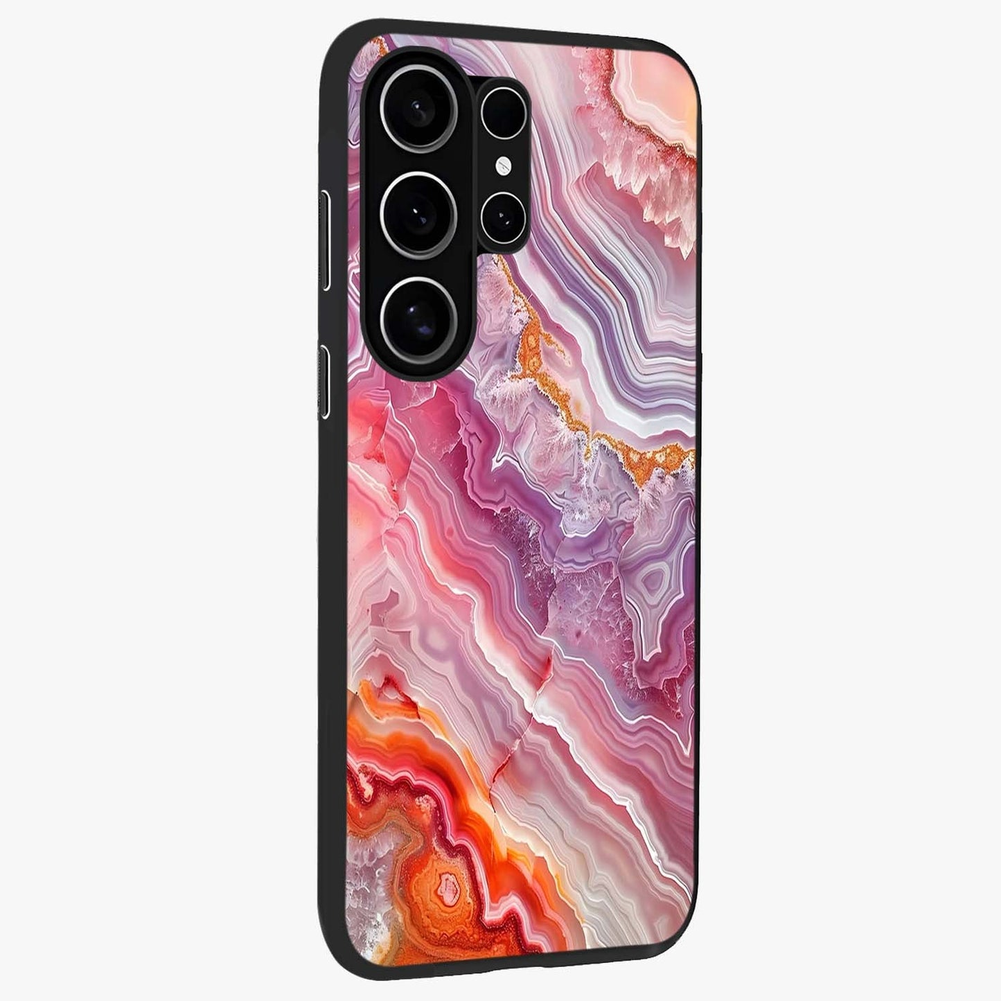 Rose Quartz Marble Glass Case upright view showcasing decorative marble artwork with luxurious pastel theme.