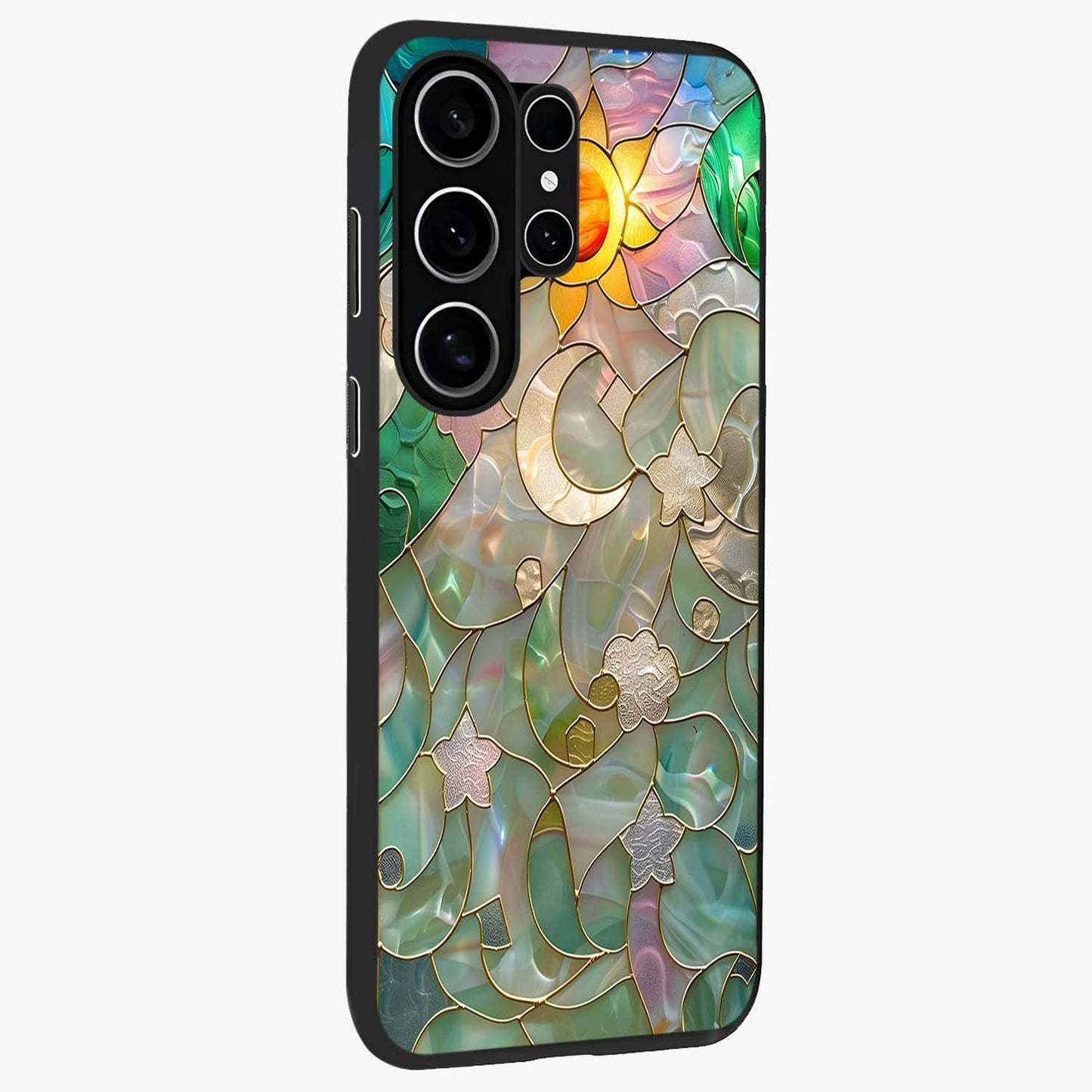 Stained Sunrise Glow Glass Case upright view showcasing colorful sunrise artwork with warm morning theme.