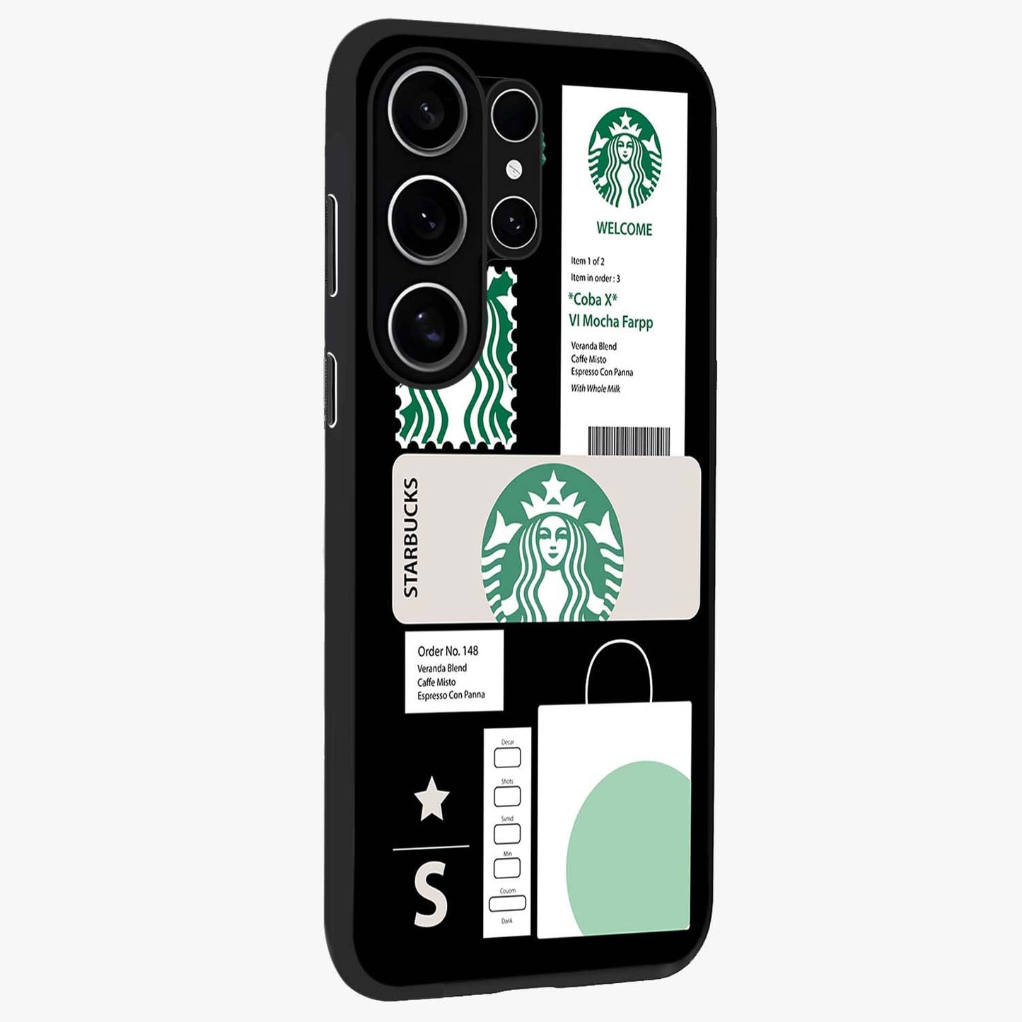 Starbucks Mocha Glass Case upright view showcasing trendy coffee inspired artwork with modern lifestyle theme.
