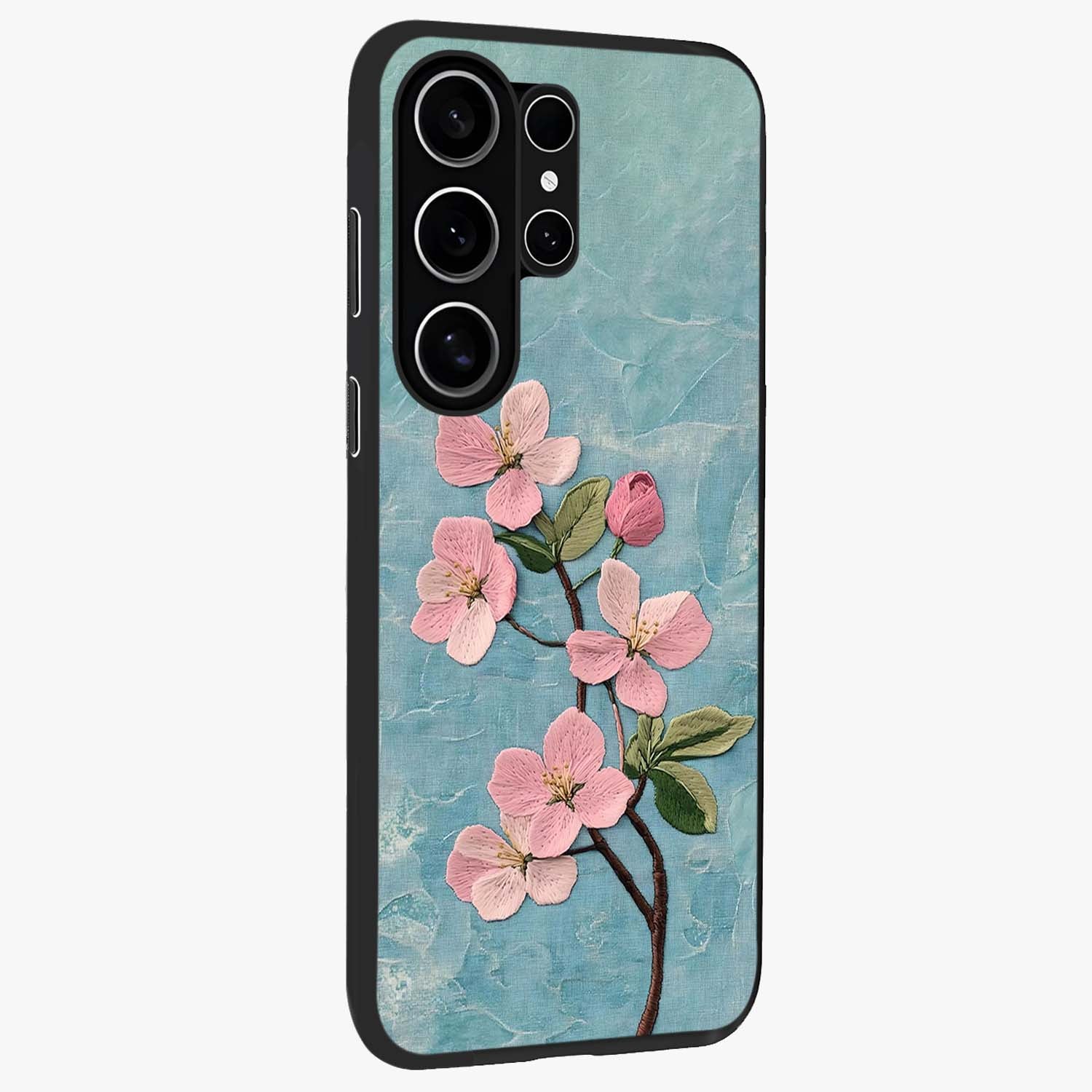 Threaded Blossom Breeze Glass Case upright view showcasing graceful flower artwork with calm botanical theme.