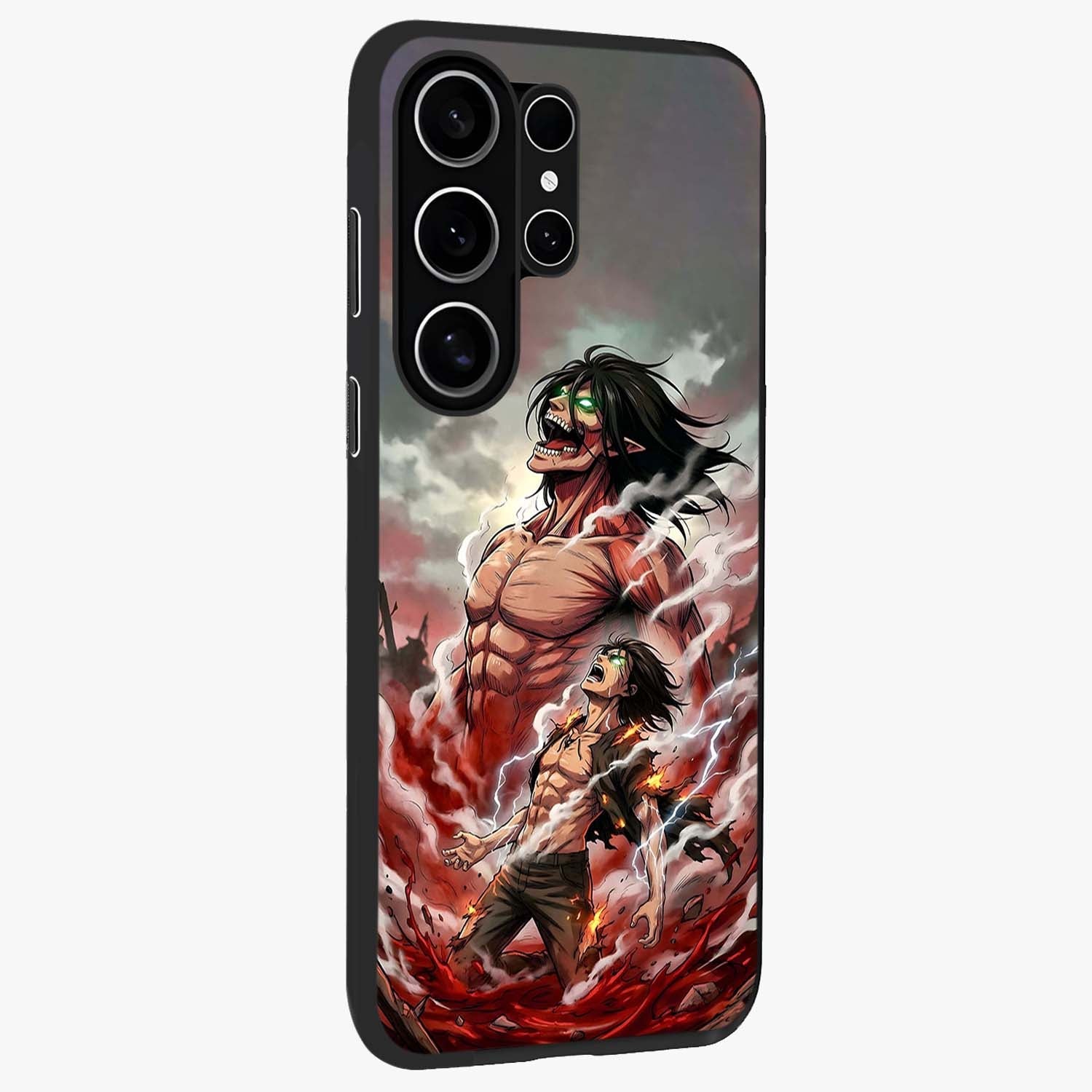 Titan Awakening Fury Glass Case upright view showcasing intense titan artwork with epic fantasy theme.