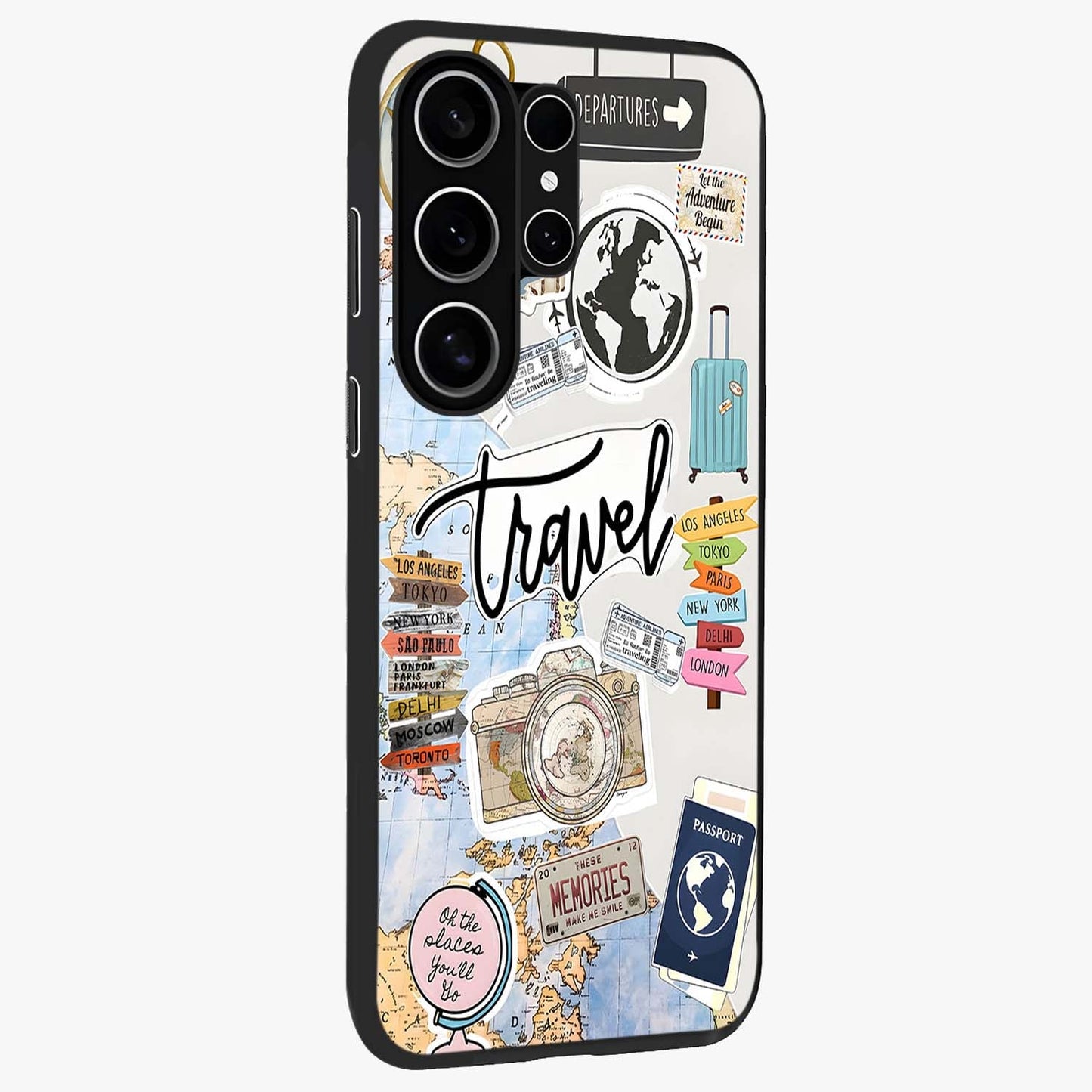 Wanderlust Journal Glass Case upright view showcasing wanderlust inspired artwork with creative exploration theme.