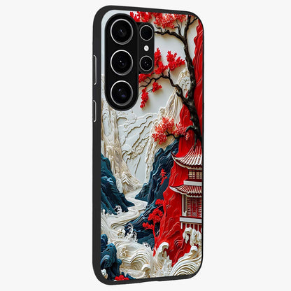 Whispers Of Sakura Waves Glass Case upright view showcasing delicate cherry blossom artwork with elegant nature theme.