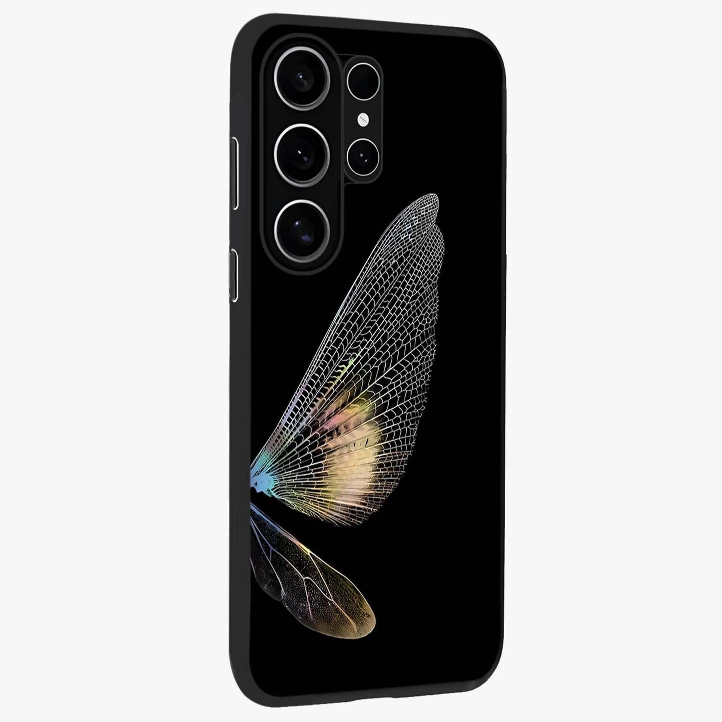 Whispers Of Wings Glass Case upright view showcasing elegant wing artwork with light airy theme.