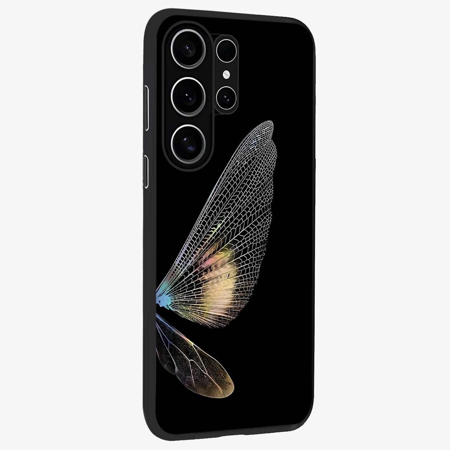 Whispers Of Wings Glass Case upright view showcasing elegant wing artwork with light airy theme.