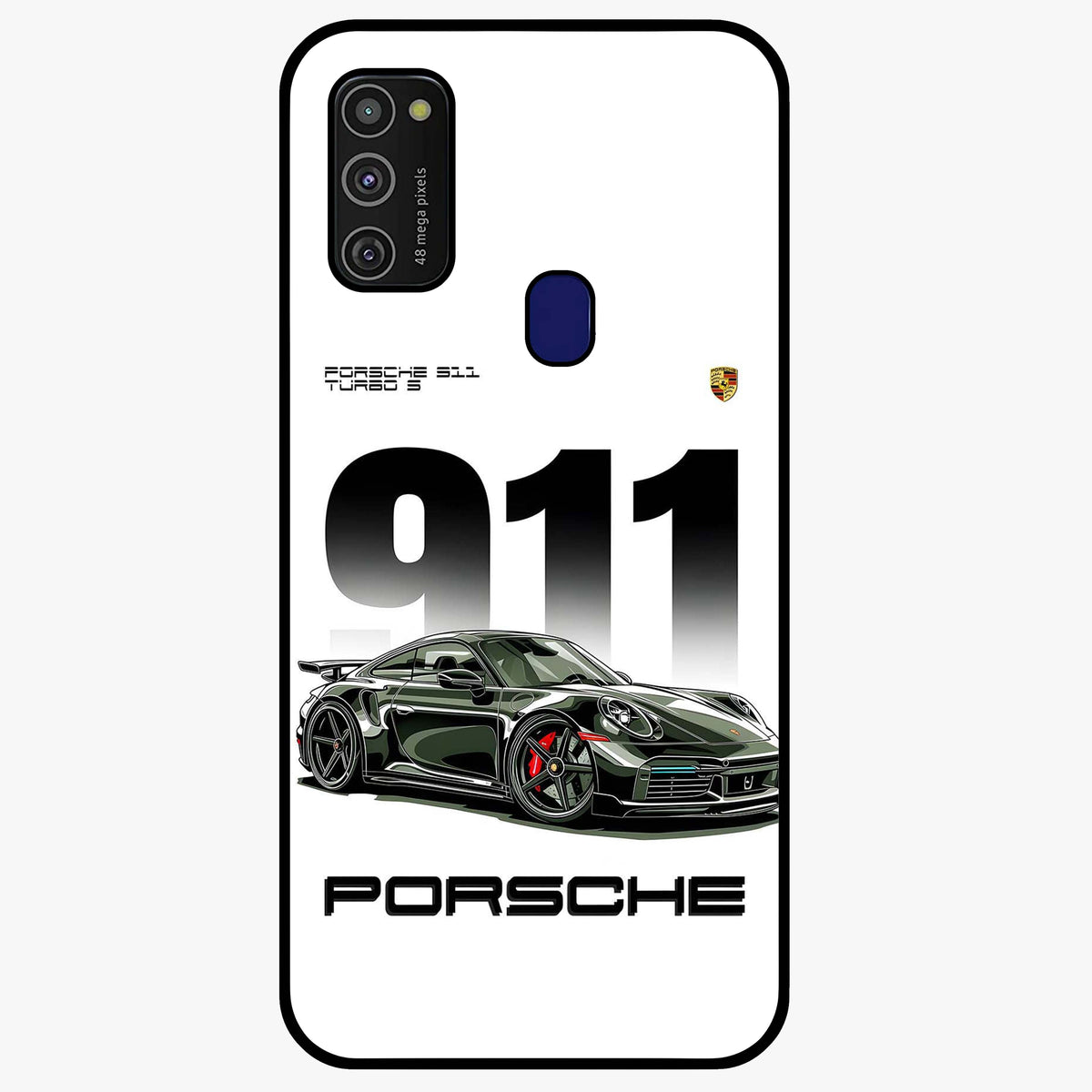 911 Turbo Dominance Glass Case showing clean flat back view with bold 911 sports car artwork and glossy glass finish.