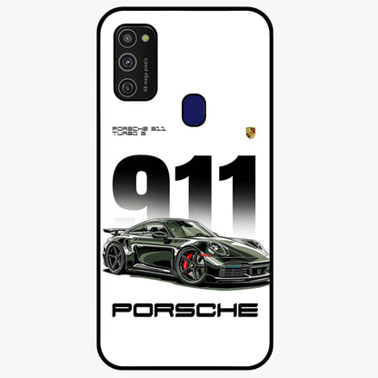 911 Turbo Dominance Glass Case showing clean flat back view with bold 911 sports car artwork and glossy glass finish.