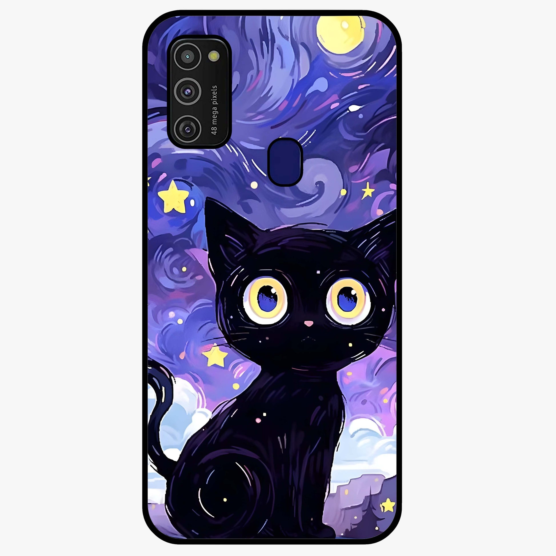 Abstract Cat Art Glass Case showing flat back view with artistic cat illustration and glossy glass finish.