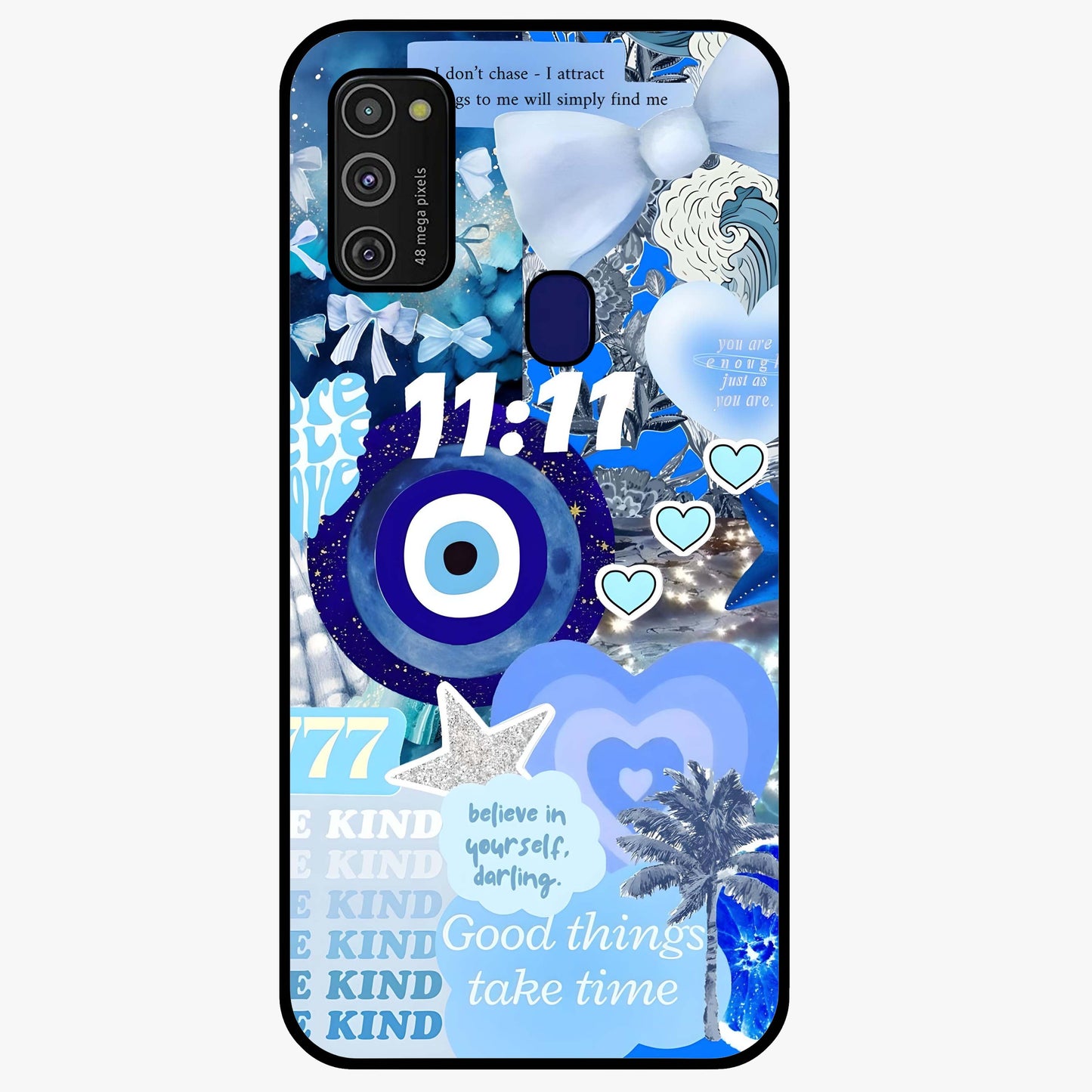 Aesthetic Be Kind Eye Glass Case showing flat back view with motivational eye artwork and glossy glass finish.