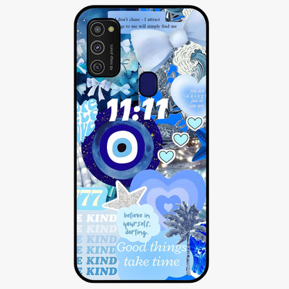 Aesthetic Be Kind Eye Glass Case showing flat back view with motivational eye artwork and glossy glass finish.