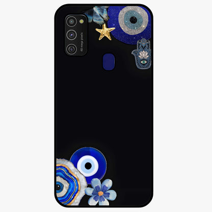 Aesthetic Blue Evil Eye Glass Case showing flat back view with protective evil eye artwork and glossy glass finish.
