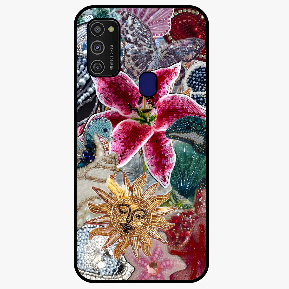 Beaded Garden Fantasy Glass Case showing flat back view with dreamy garden bead artwork and glossy glass finish.