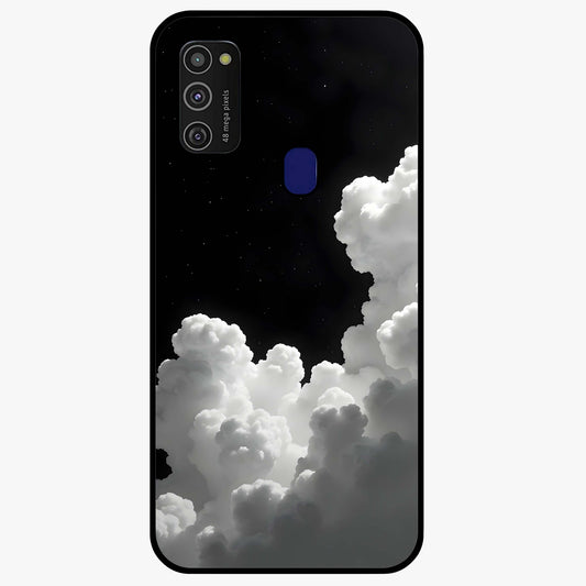Black Background With White Cloud Glass Case showing flat back view with minimal cloud artwork on dark background and glossy glass finish.