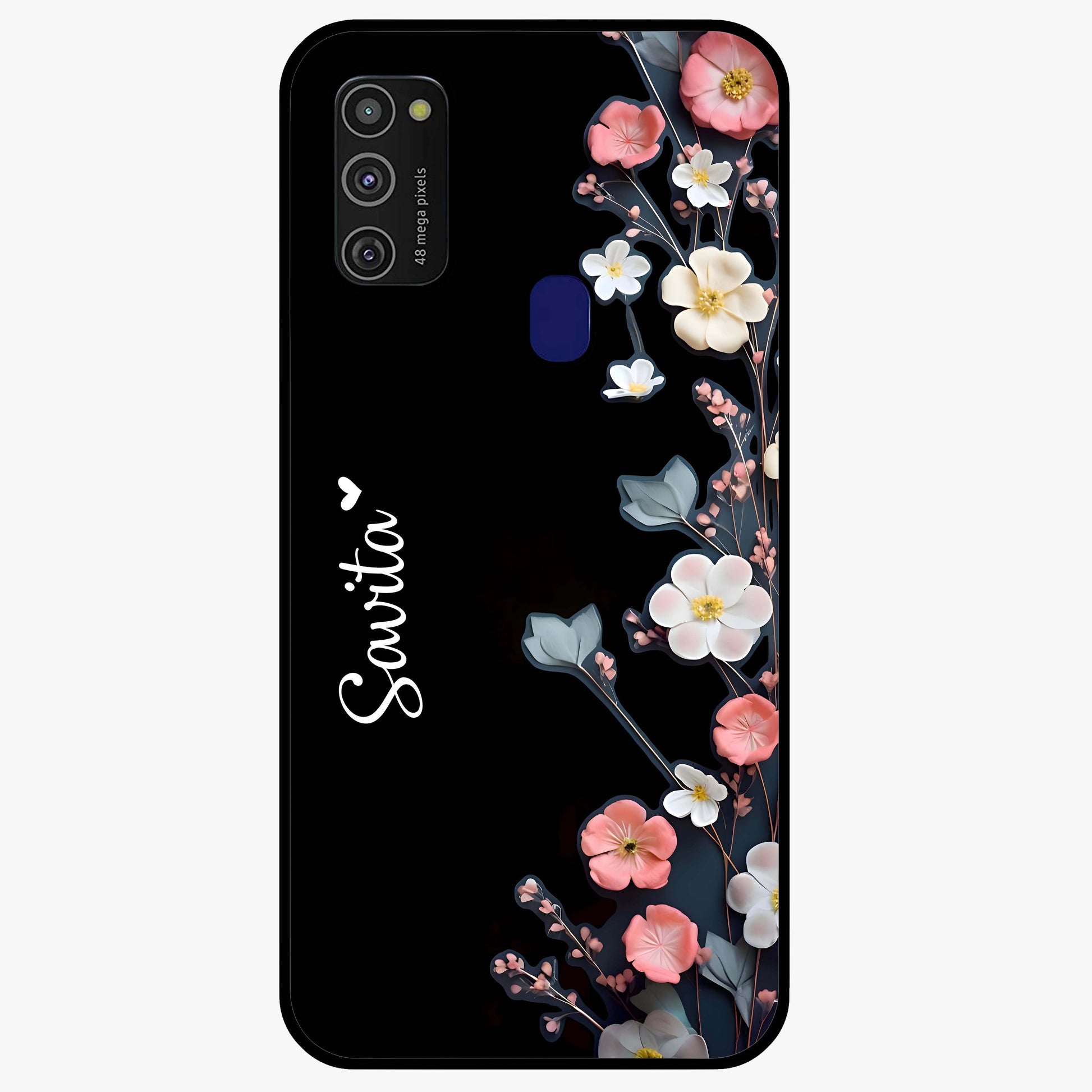 Black Elegance Floral Custom Name Glass Case showing flat back view with elegant floral artwork and personalized name design.