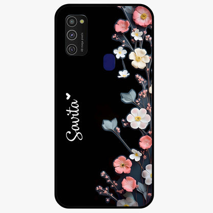 Black Elegance Floral Custom Name Glass Case showing flat back view with elegant floral artwork and personalized name design.