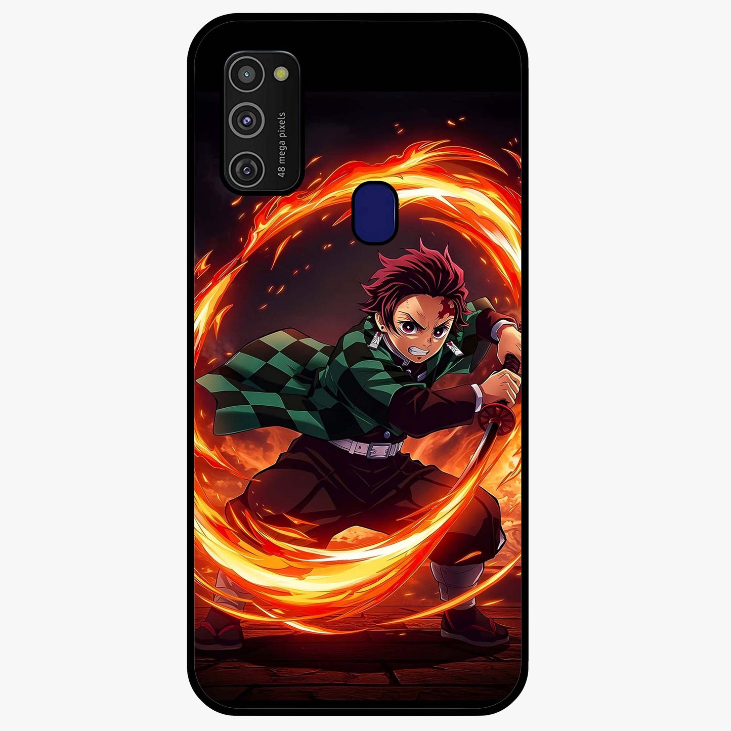 Blazing Sword Resolve Glass Case showing flat back view with fiery sword artwork and glossy glass finish.