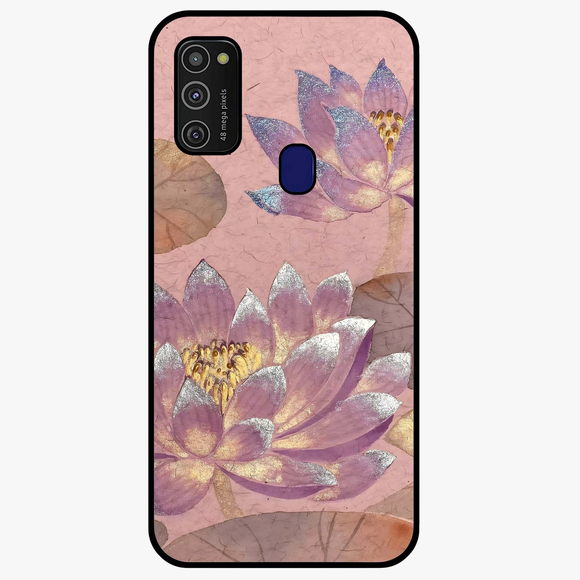 Blossom Mist Lotus Glass Case showing flat back view with serene lotus blossom artwork and glossy glass finish.