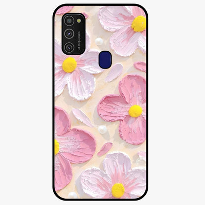 Blush Bloom Texture Glass Case showing flat back view with soft blush floral texture artwork and glossy glass finish.