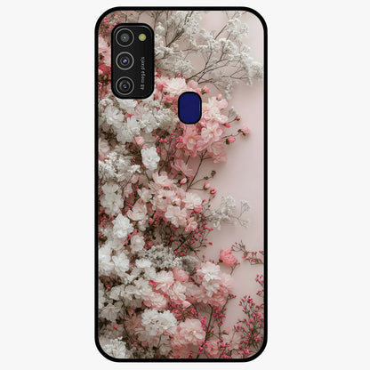 Blush Blossom Cloud Glass Case showing flat back view with dreamy blush cloud blossom artwork and glossy glass finish.