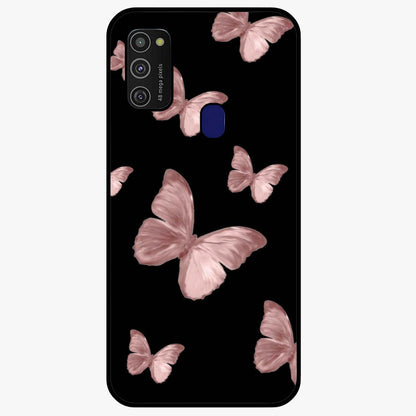 Butterfly Pattern Glass Case showing flat back view with elegant butterfly pattern artwork and glossy glass finish.