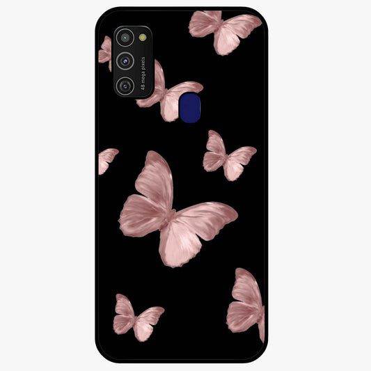 Butterfly Pattern Glass Case showing flat back view with elegant butterfly pattern artwork and glossy glass finish.