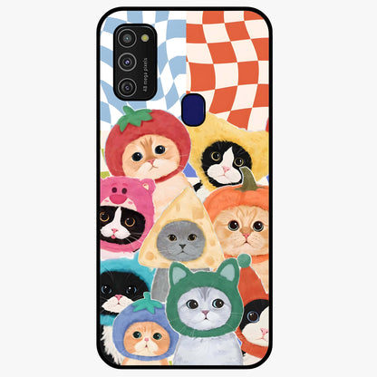 Cats in Fruits Glass Case showing flat back view with playful cat illustrations inside fruit artwork and glossy glass finish.