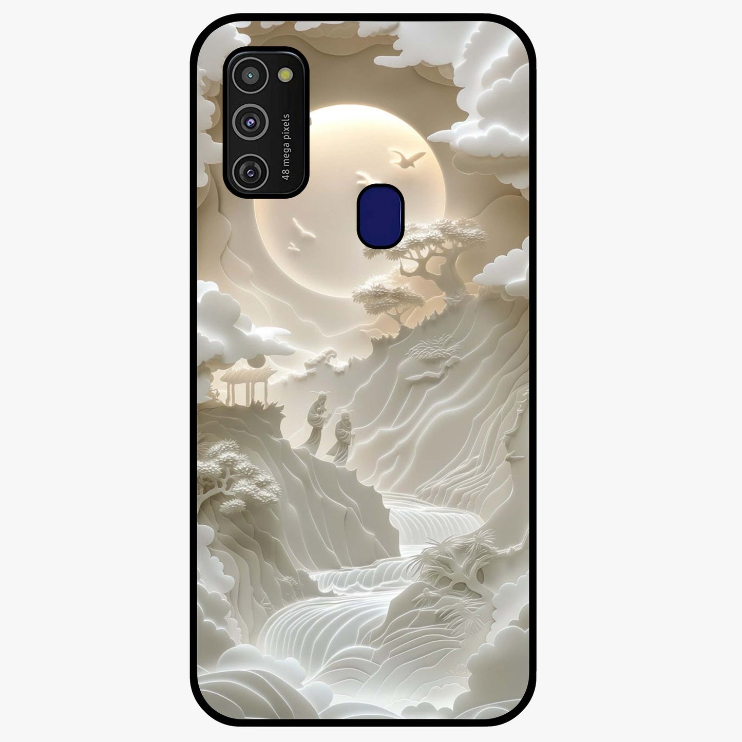 Celestial Origami Glass Case showing flat back view with artistic origami inspired celestial artwork and glossy glass finish.