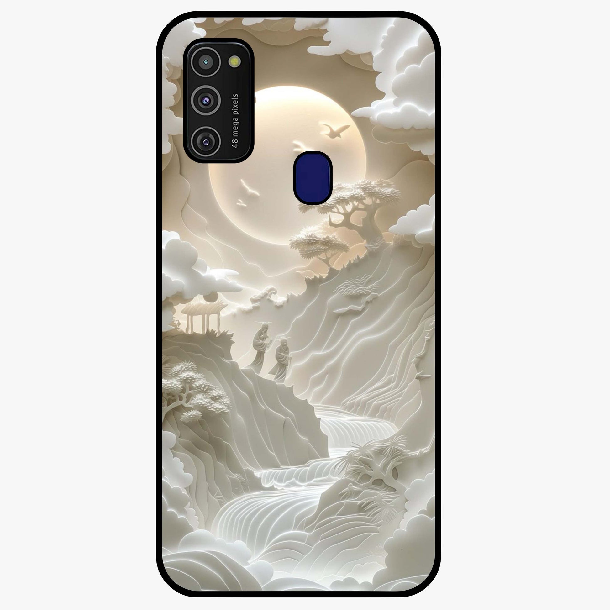 Celestial Origami Glass Case showing flat back view with artistic origami inspired celestial artwork and glossy glass finish.