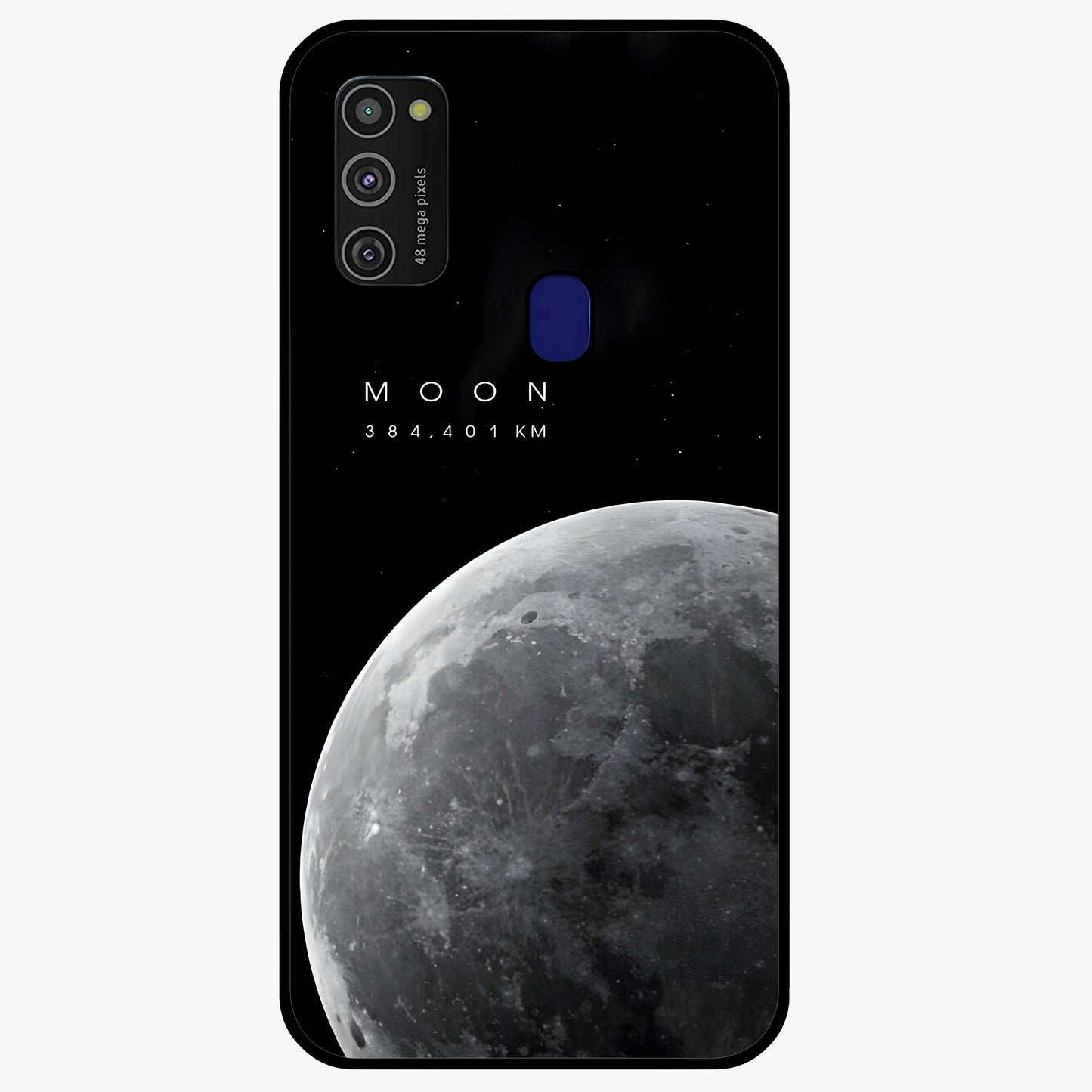Cosmic Moon Glow Glass Case showing flat back view with glowing moon artwork and glossy glass finish.