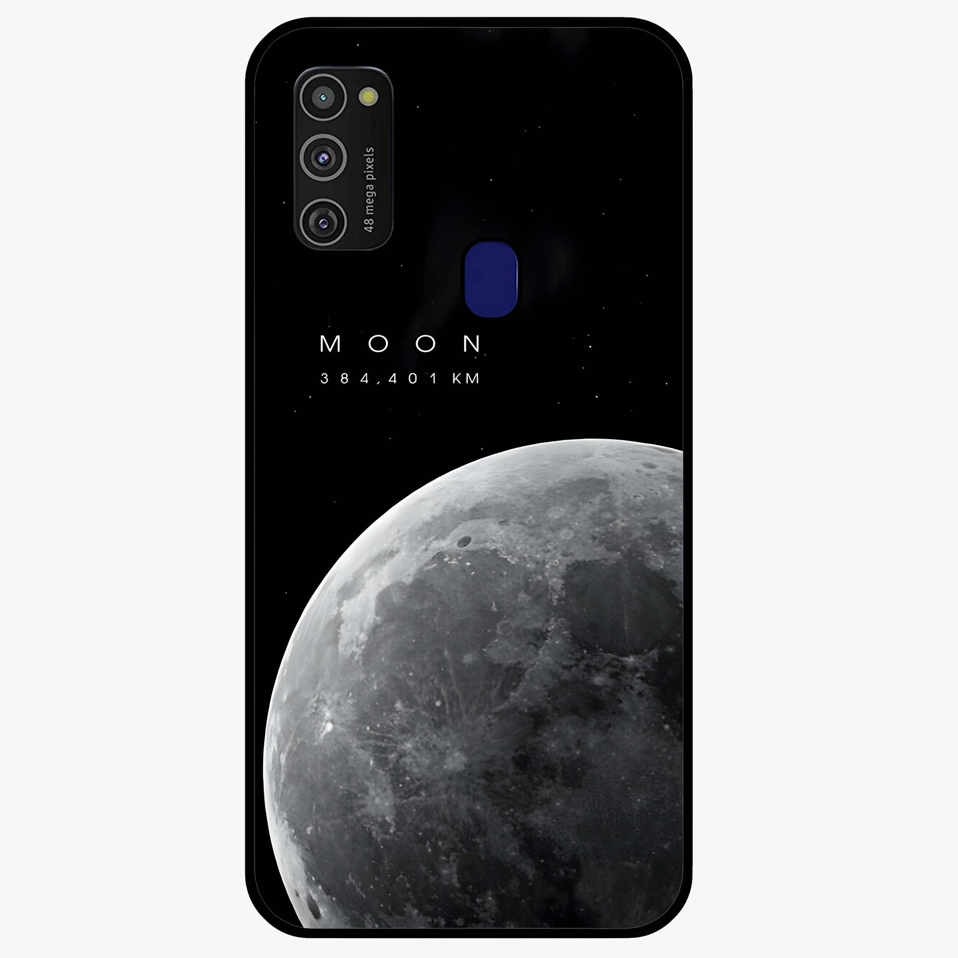 Cosmic Moon Glow Glass Case showing flat back view with glowing moon artwork and glossy glass finish.