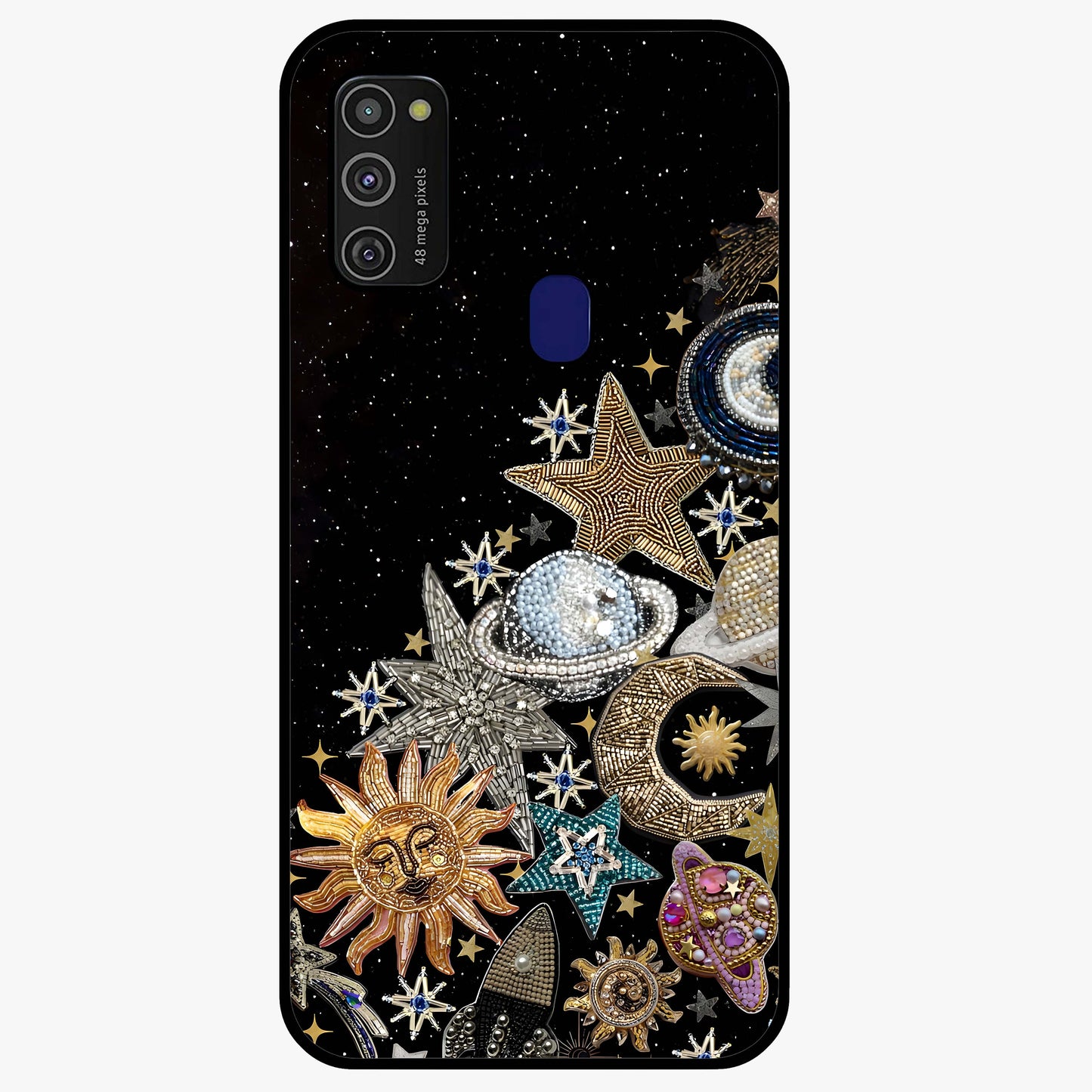 Cosmic Sparkle Dreams Glass Case showing flat back view with sparkling cosmic artwork and glossy glass finish.