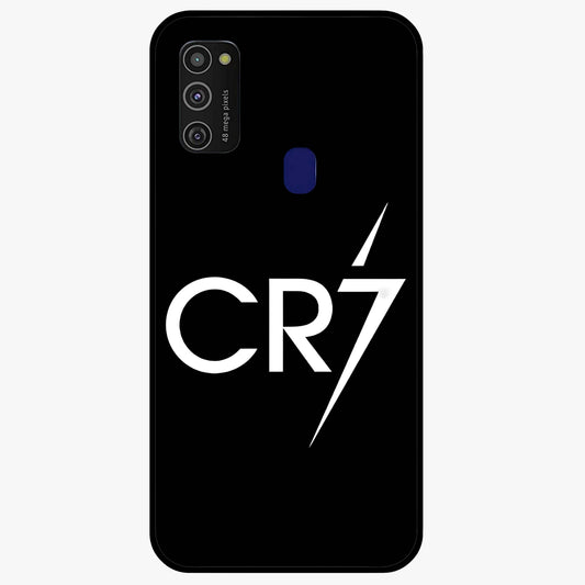 Cr7 Elite Strike Glass Case showing flat back view with dynamic football inspired artwork and glossy glass finish.
