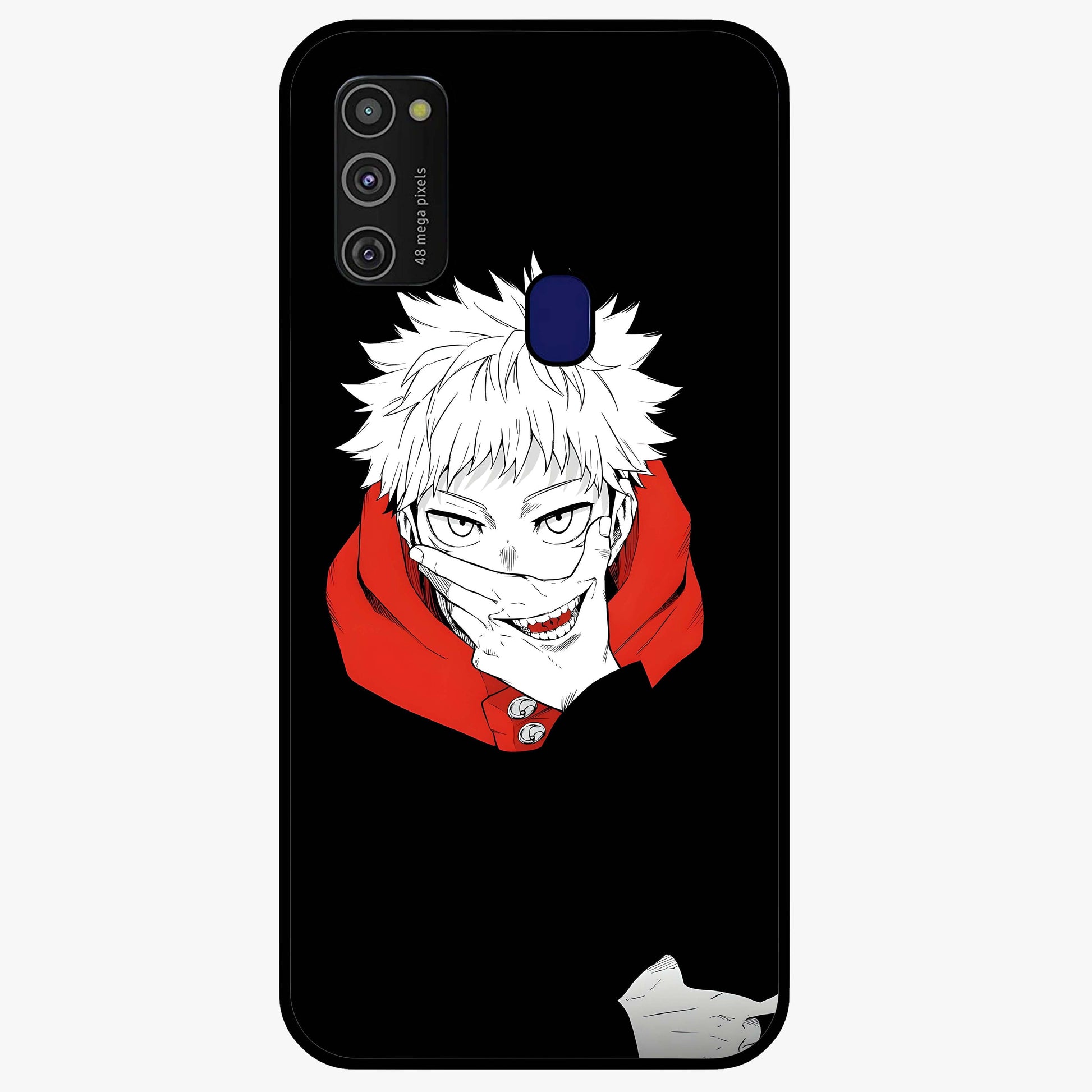 Crimson Chaos Smile Glass Case showing flat back view with bold chaotic smile artwork and glossy glass finish.